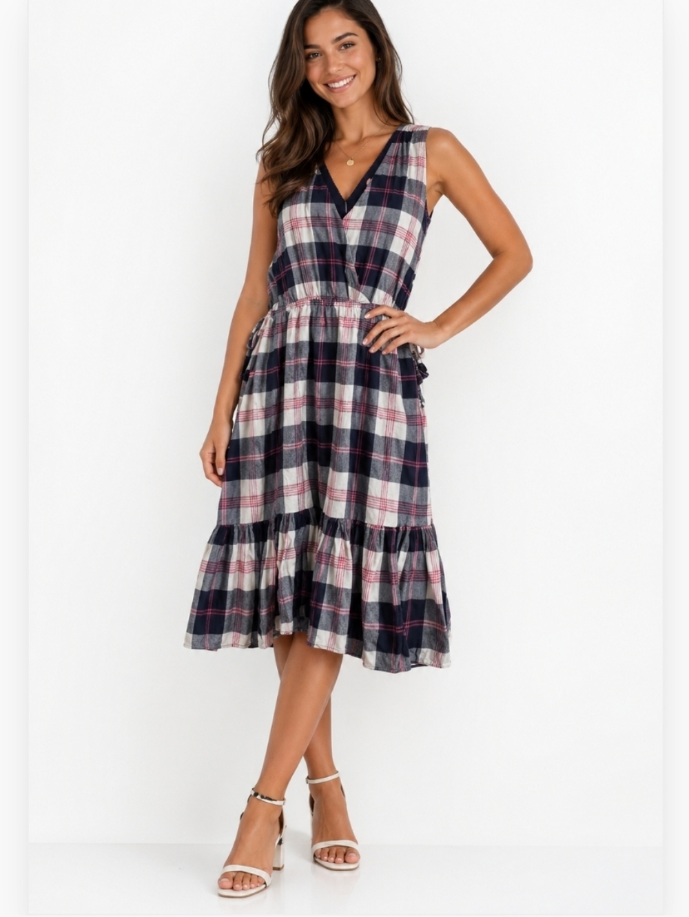 Isabella Sinclair Plaid Midi Dress Small Sleeveless Wrap Style Tiered Preppy